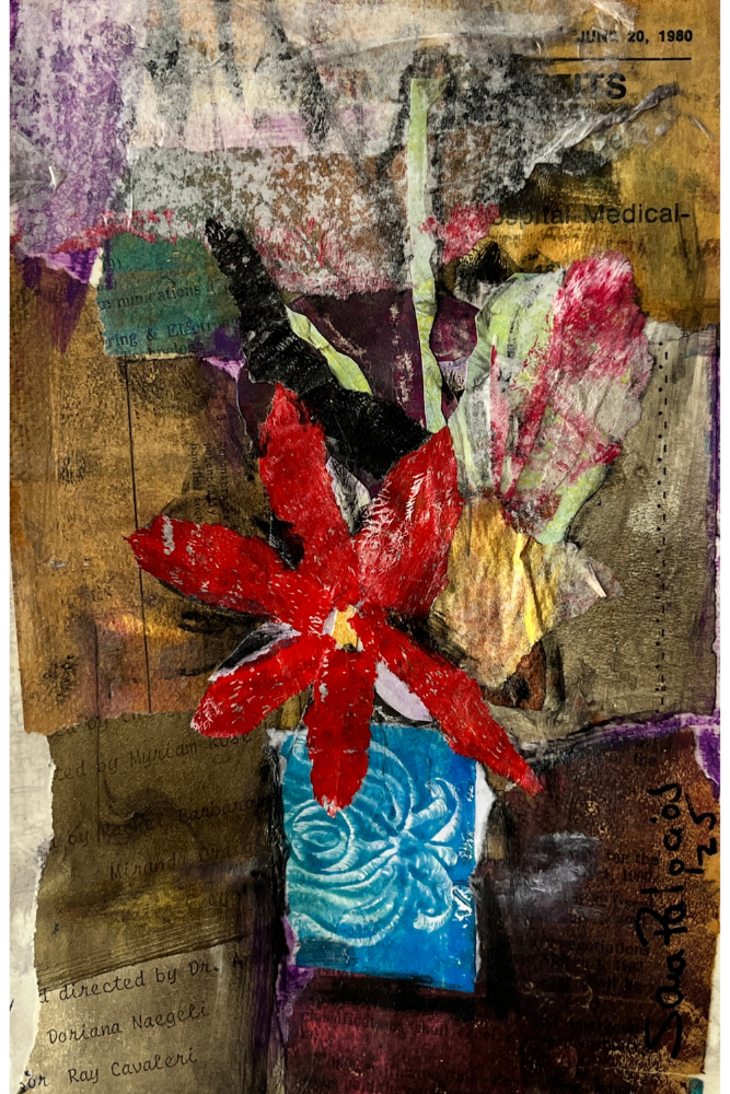 Collage art with a red flower and textured background