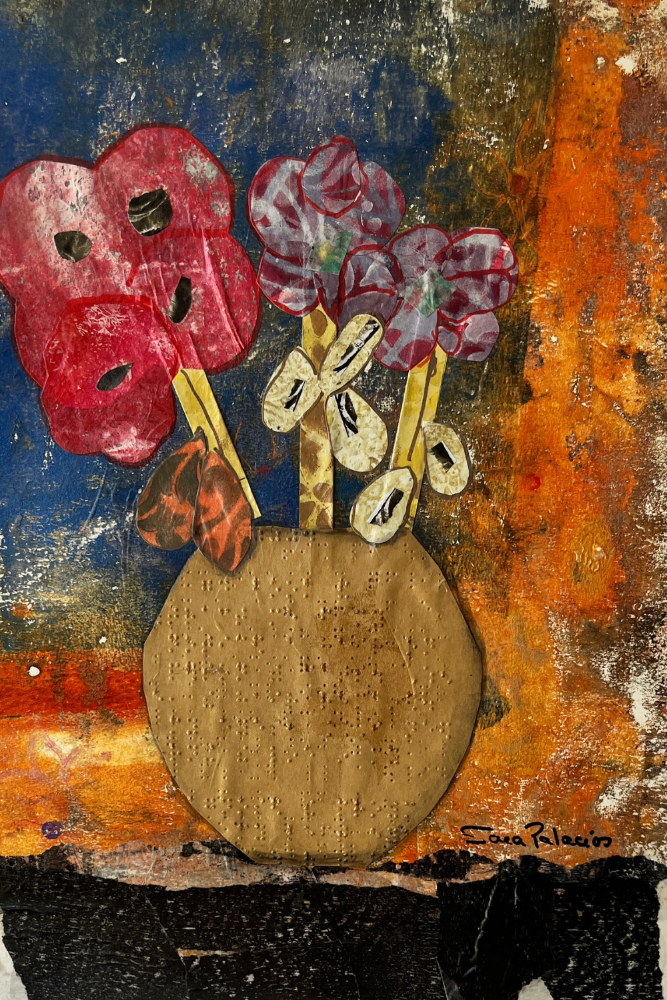 Artistic depiction of flowers in a vase with a textured background