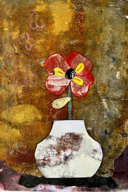 Abstract artwork with a red flower and white vase on a textured brown background