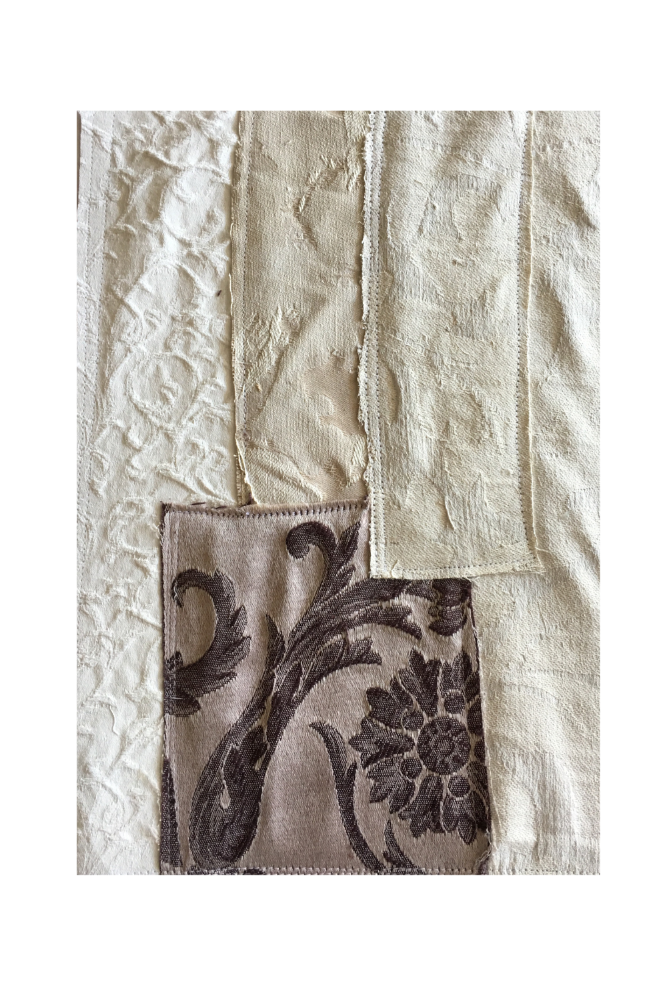 Textured fabric with a floral pocket detail on a white background