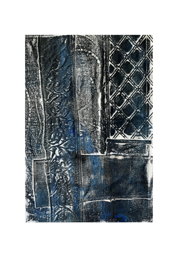 Abstract art piece with black, white, and blue patterns on a white background