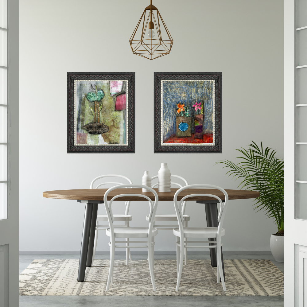 Floral Wall Fine Art Print. Dining room with a wooden table and white chairs, framed artwork on the wall, and a plant.
