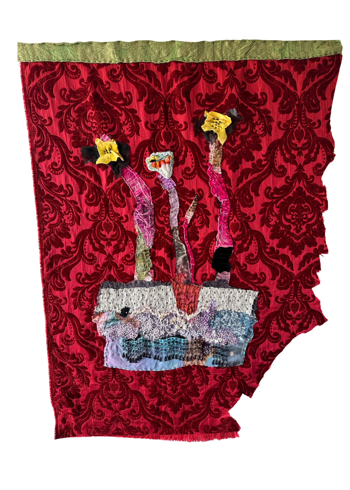red textile art wth 3 flower in a square base