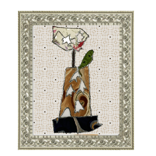 Decorative artwork with a stylized flower in a vase on a white background