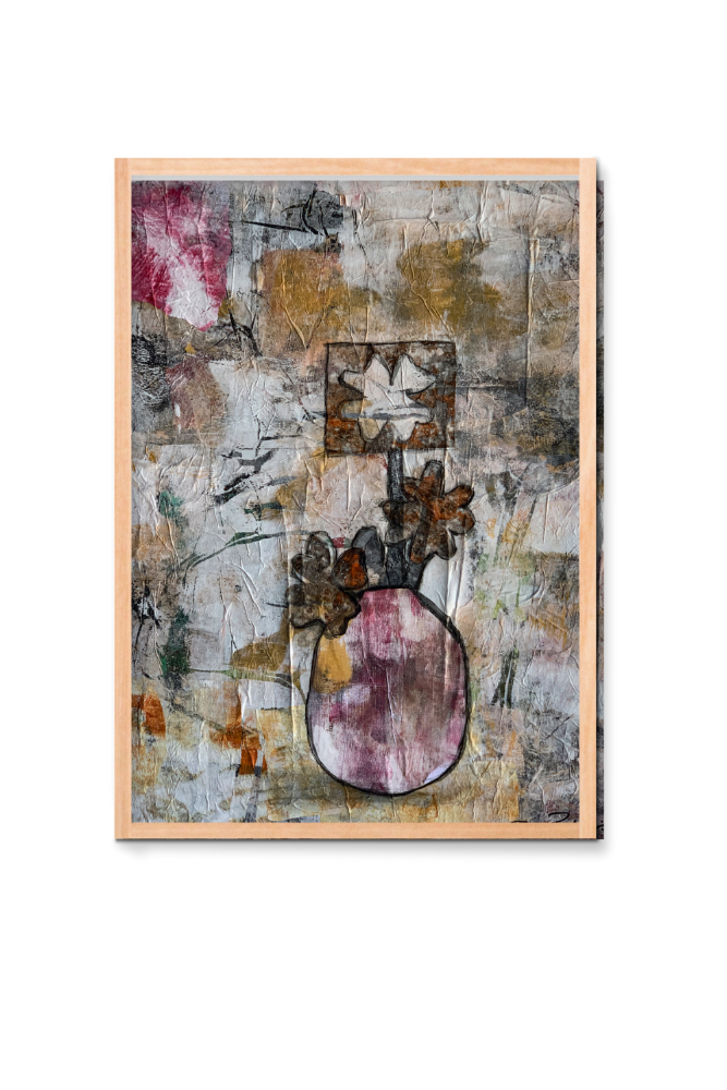 Abstract art piece with a wooden frame on a white background