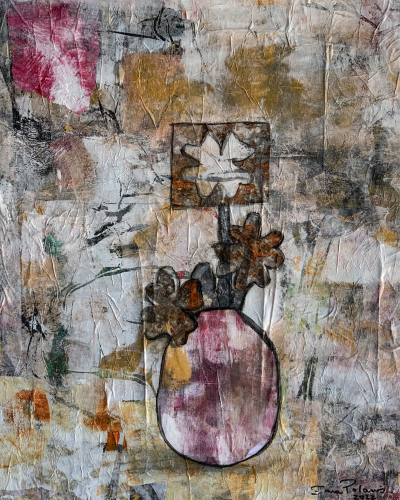 Abstract art piece with a central vase and star design on a textured background