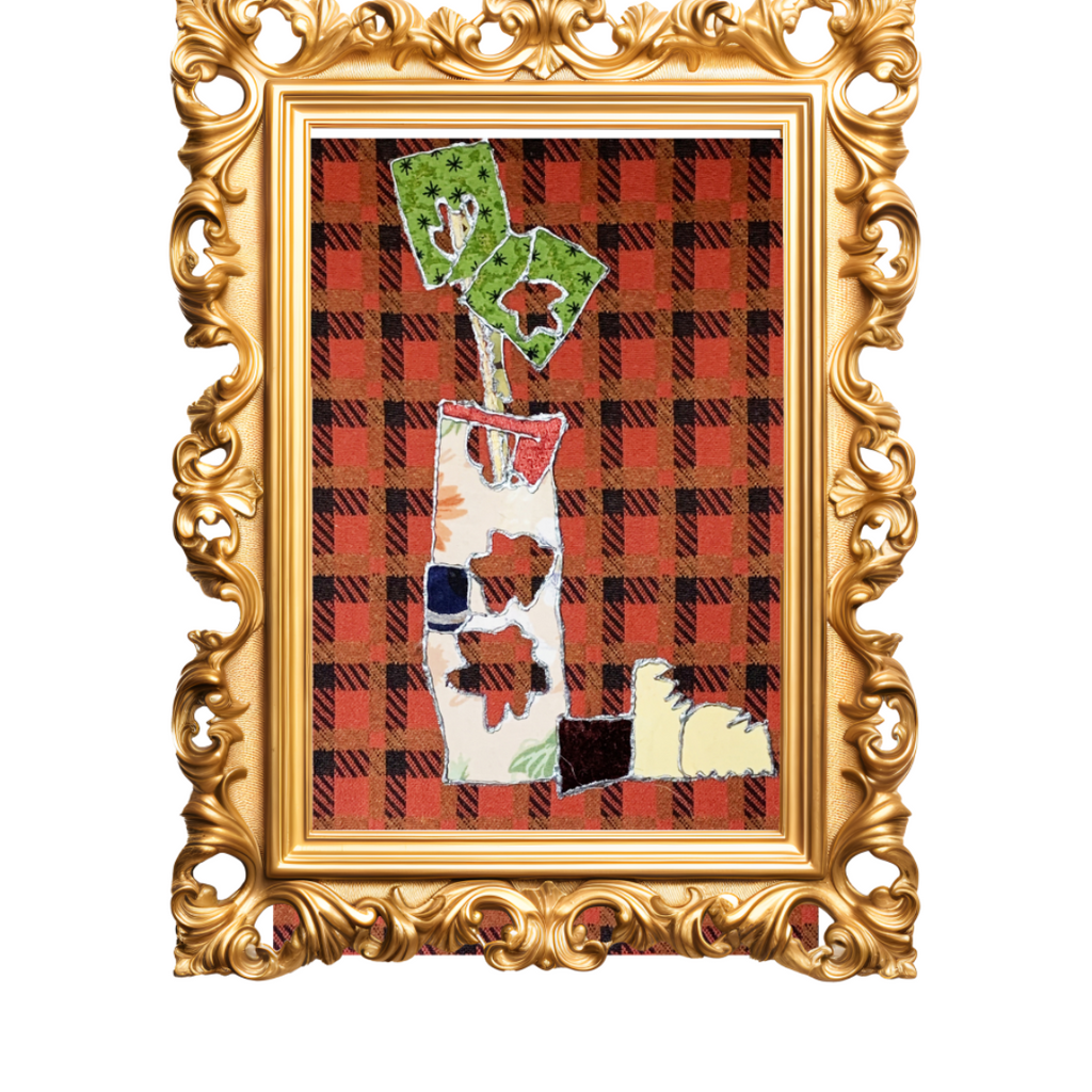 Decorative framed artwork with a plaid pattern and cartoonish character on a white background