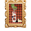 Decorative framed artwork with a plaid pattern and cartoonish character on a white background