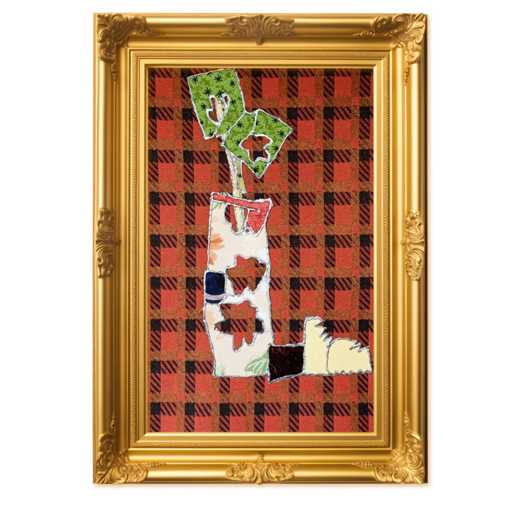 Decorative wall art with a plaid pattern and cartoonish cow design in a gold frame.