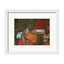 Framed painting of a figure in a red garment on a white background