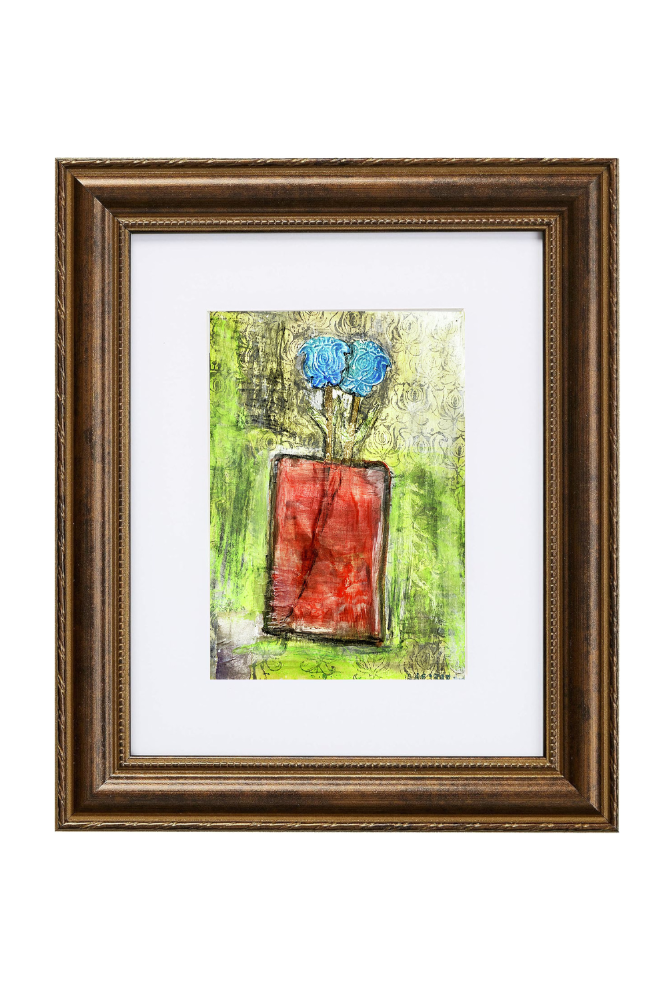 Framed abstract artwork with a red square and blue circles on a green background.