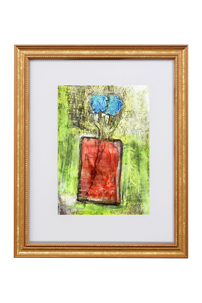 Framed abstract artwork with a red square and blue circles on a green background