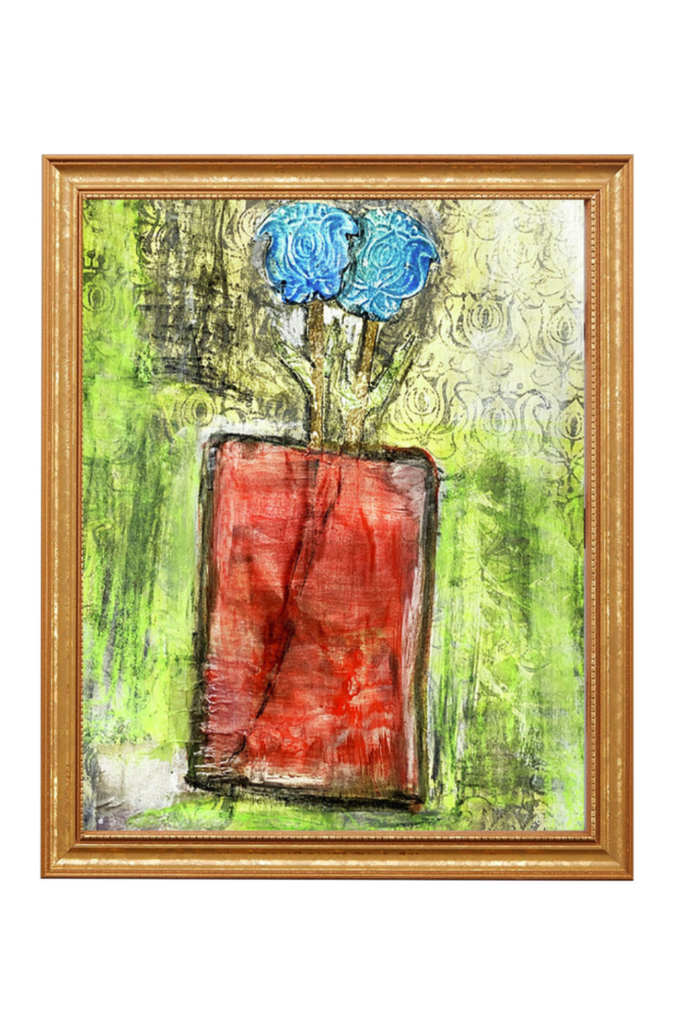 Framed abstract painting with red vase and blue flowers on a green background