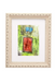 Framed abstract artwork with a red square and blue circles on a white background