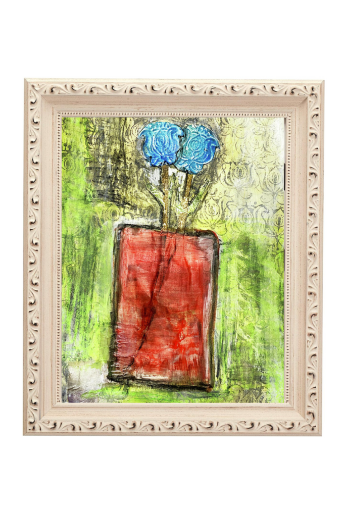 Framed artwork of a red vase with blue flowers on a green background