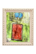 Framed artwork of a red vase with blue flowers on a green background