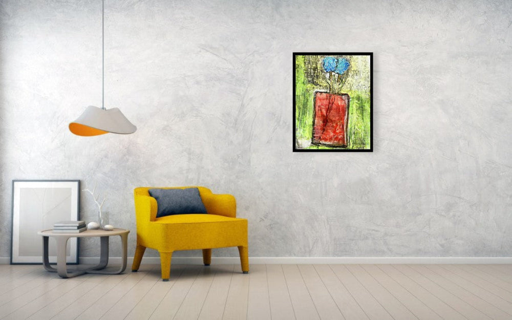 Mixed media collage titled Amber Moon by Sara Palacios. The artwork presents a lively floral arrangement in warm amber, red, and green hues, layered with expressive textures and brushwork, set against a softly patterned backdrop.