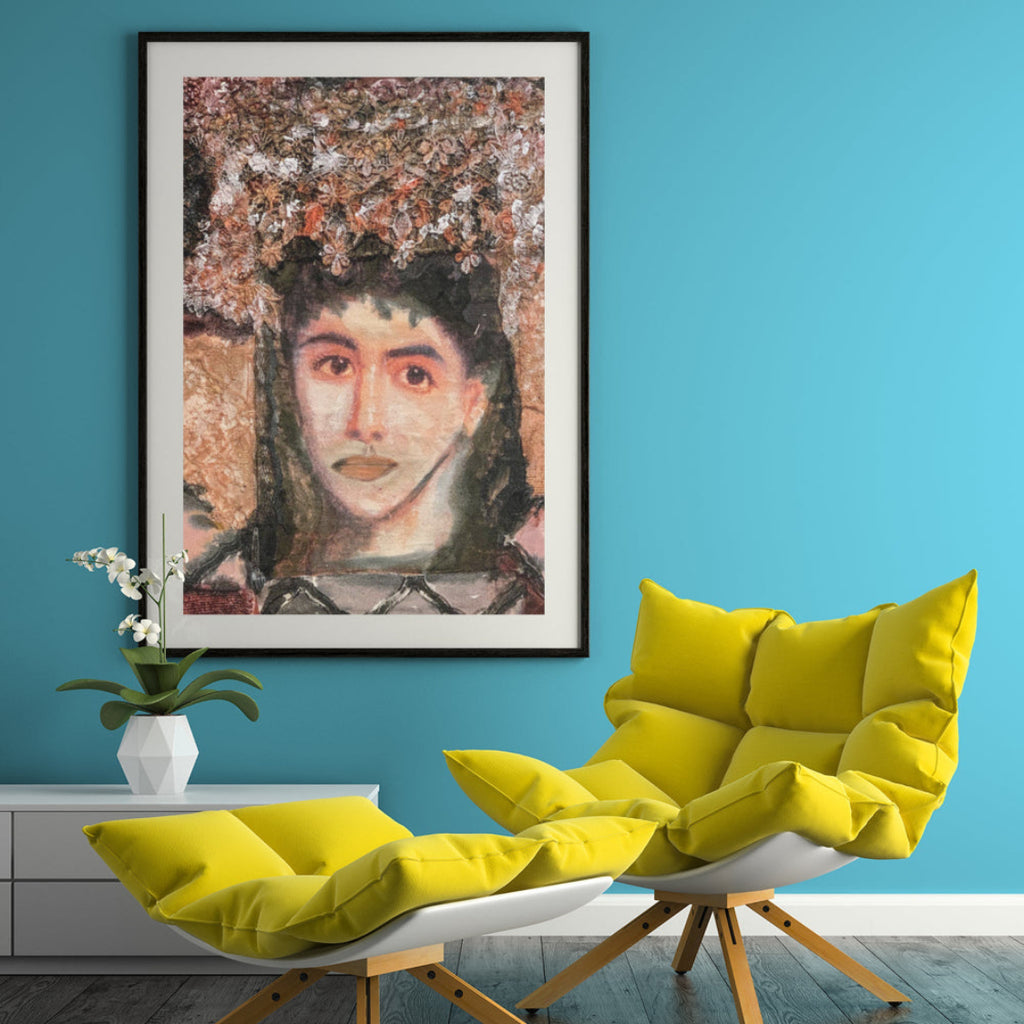 Textile portrait of a woman with expressive eyes and a detailed lace crown, created from rich fabric textures in soft pinks, blacks, and browns.