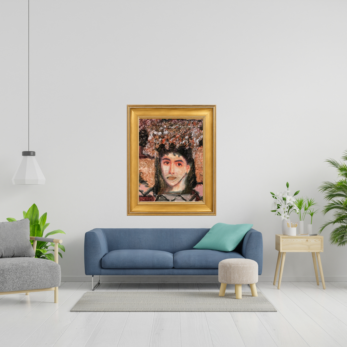 Anastasia fine art print by contemporary artist Sara Palacios, featuring a soulful mixed-media portrait of a woman wearing an intricate, highly textured crown of antique lace and pearls against a warm terracotta-and-gold background. Framed in a gold frame.