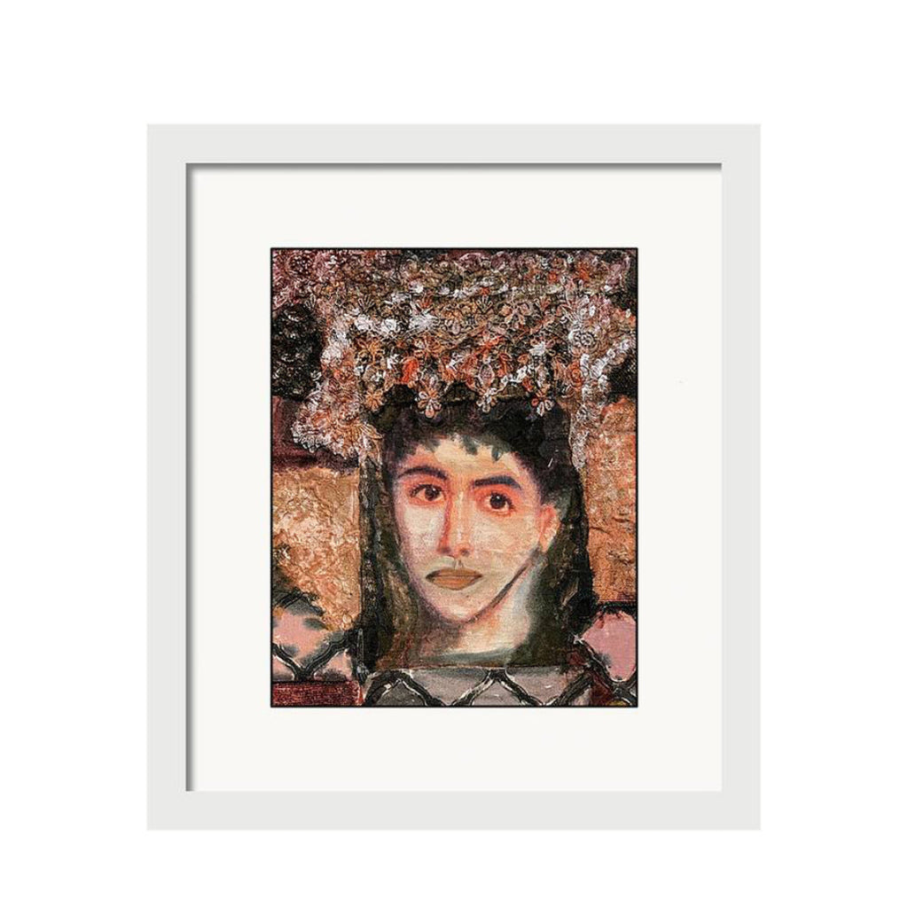 Textile portrait of a woman with expressive eyes and a detailed lace crown, created from rich fabric textures in soft pinks, blacks, and browns.