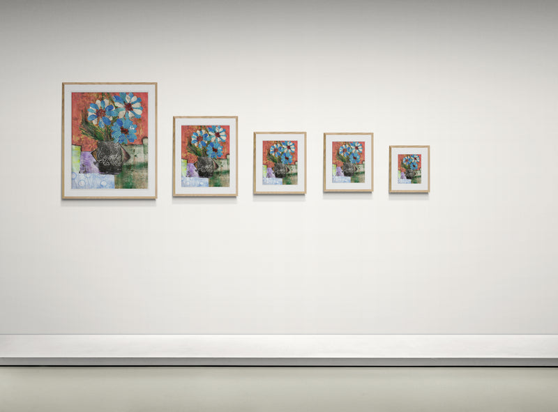 Different sizes Mixed media collage titled Cold Moon from the Moon series by Sara Palacios. The artwork features vibrant blue and white flowers in a dark, textured vase set against a warm red background, with layered geometric shapes and fabric-like patterns beneath.