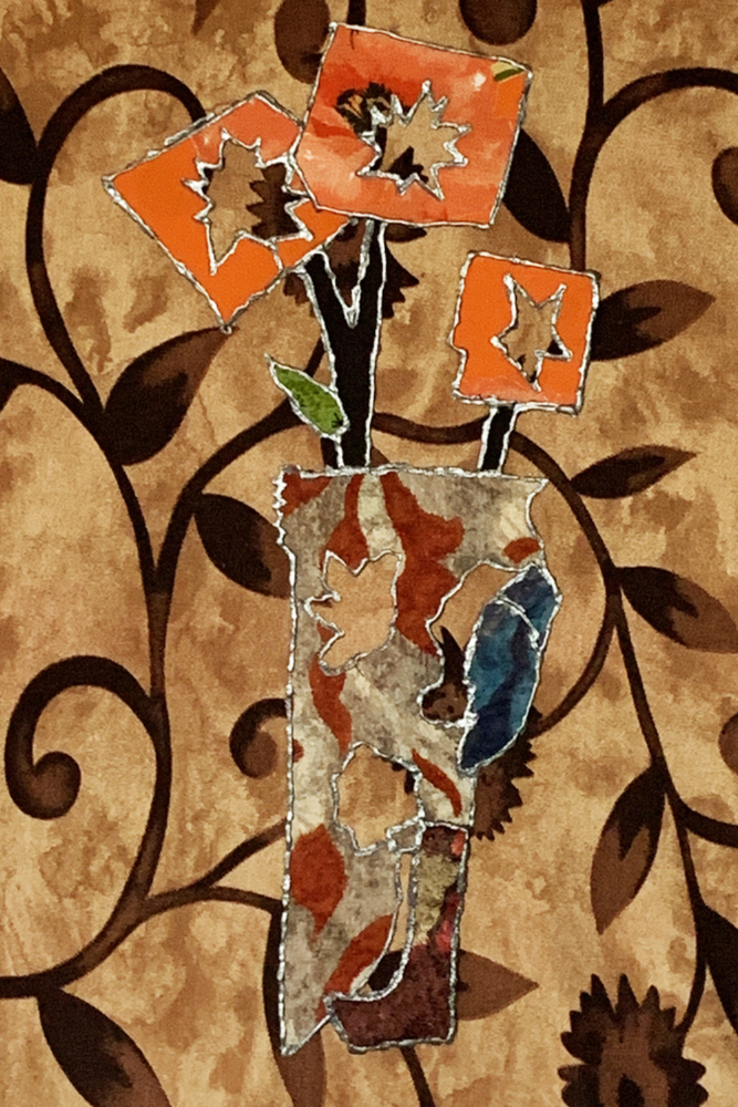 Decorative wall art with orange flowers and a vase on a beige background