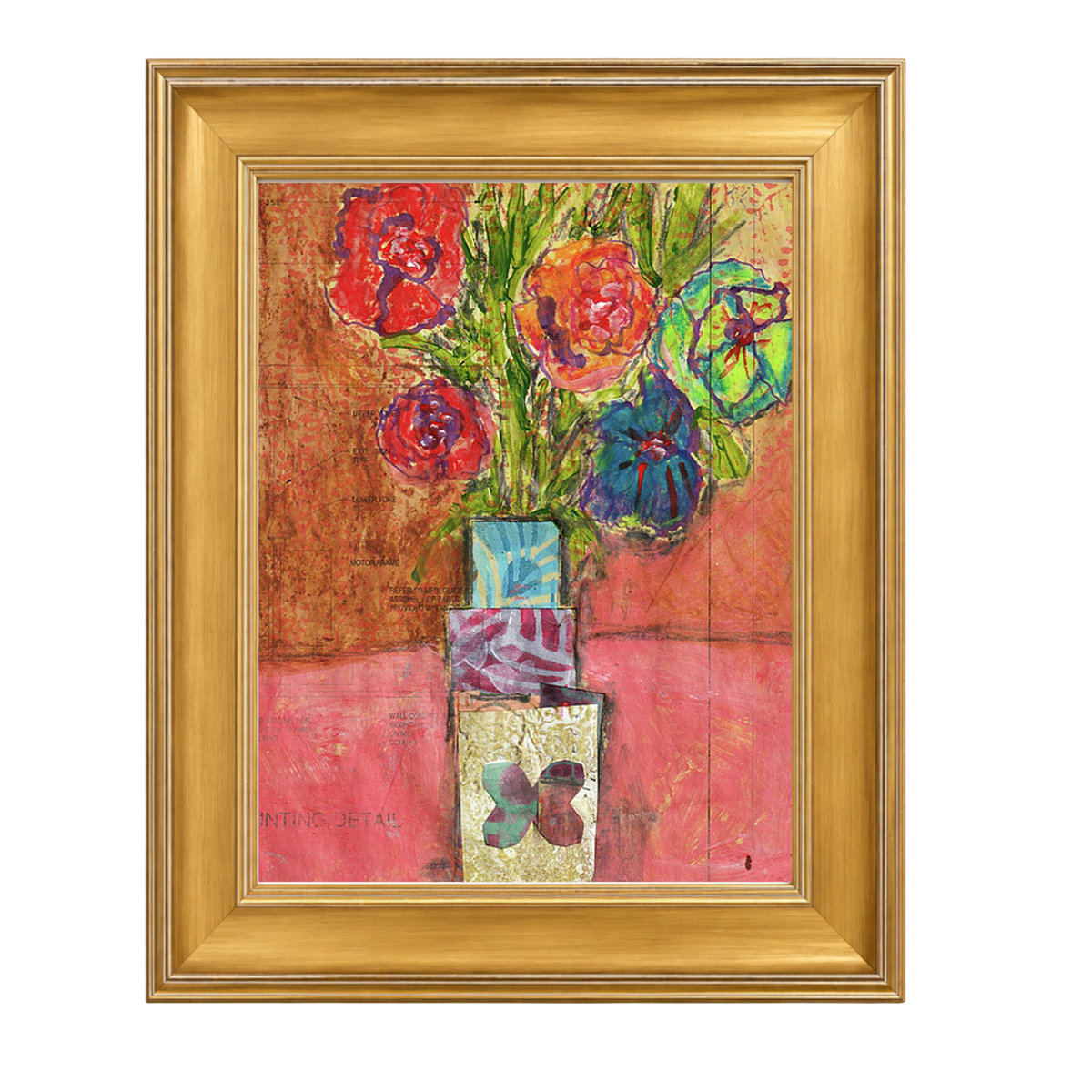 A framed painting featuring a still life of colorful poppies in a vase, set against a pink and brown background. The artwork is housed in a gold frame shown on a plain white background.