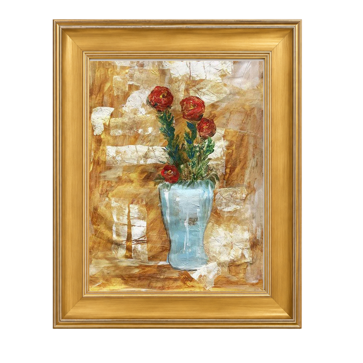 Blue Moon fine art print by Sara Palacios in a large gold frame without a mat, featuring red ranunculus flowers in a light blue vase against a layered golden abstract background — 24x36 size.