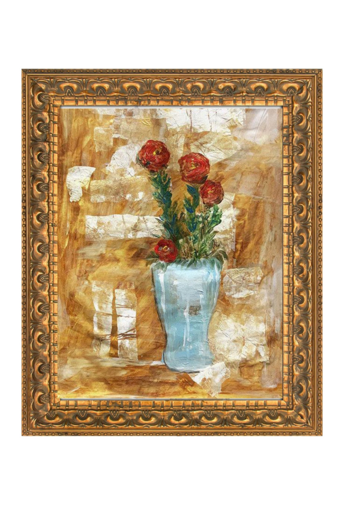 Decorative painting with a blue vase and red flowers in an ornate gold frame.