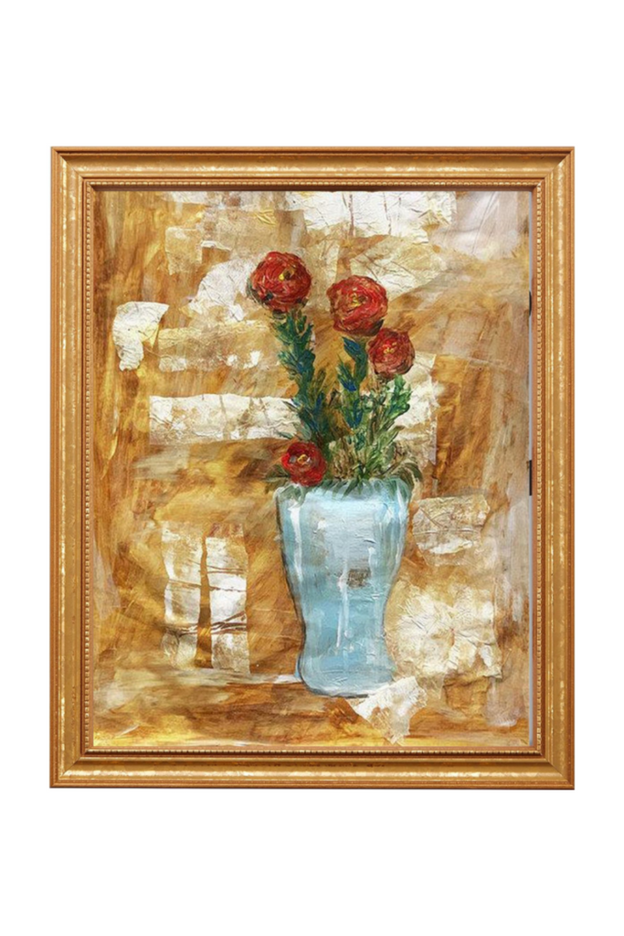 Framed artwork of a vase with red flowers on a textured background