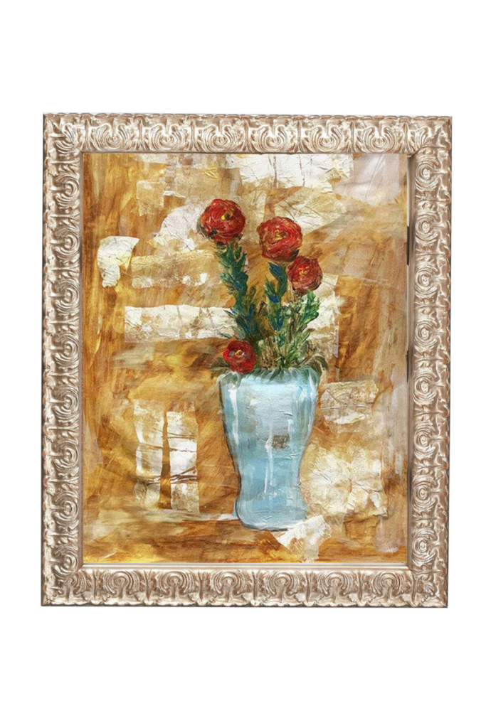 Decorative painting of a vase with flowers in a decorative frame