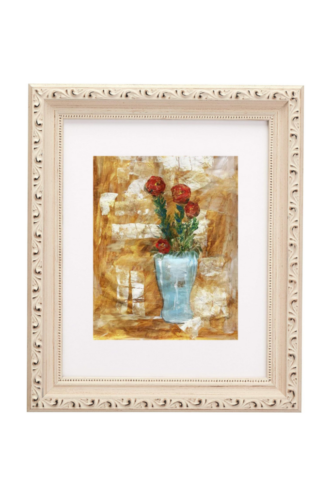 Framed artwork of a vase with flowers on a textured background