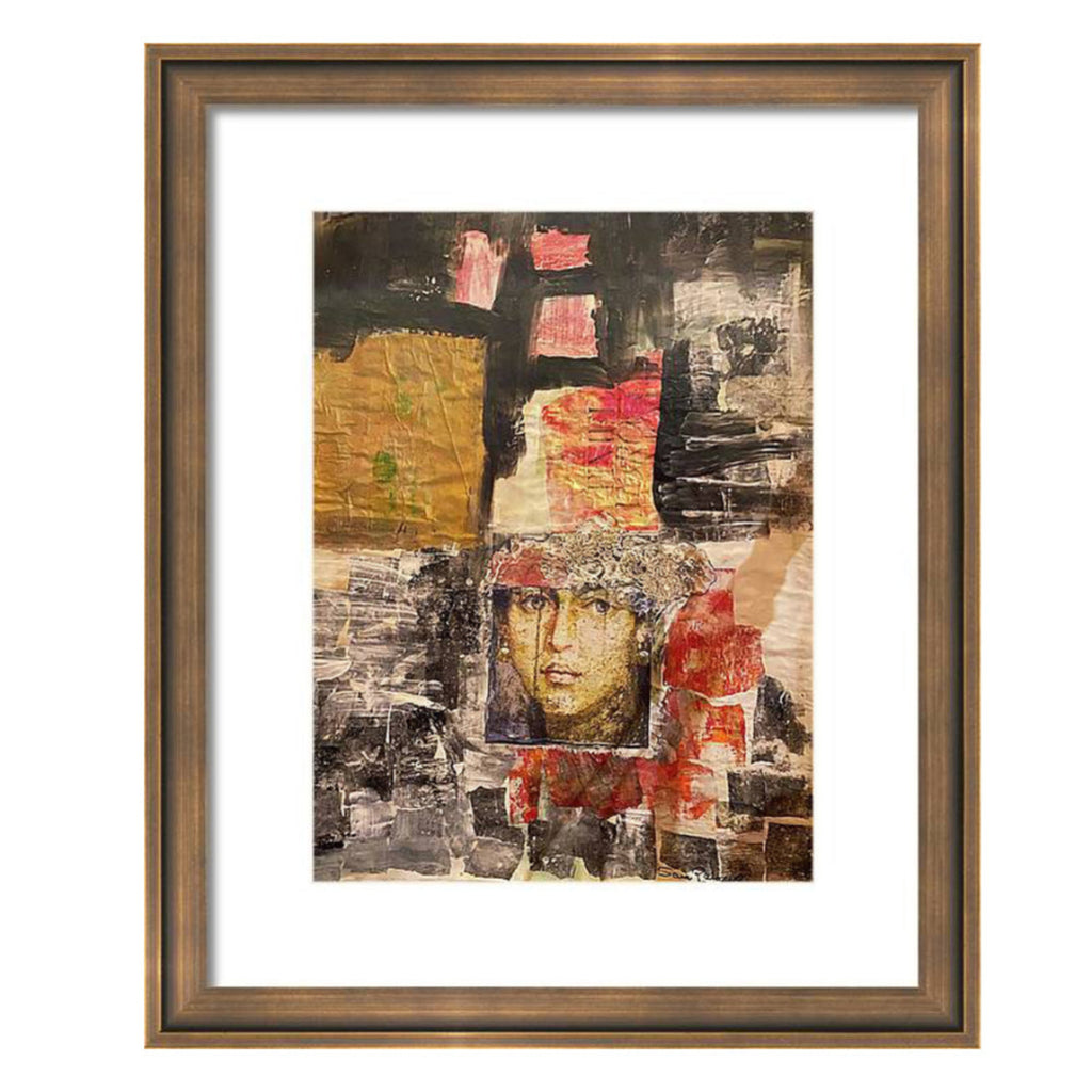 Mixed media portrait of a woman framed in stitched and painted textures, with a lace headdress and expressive eyes, surrounded by red, gold, and black tones.
