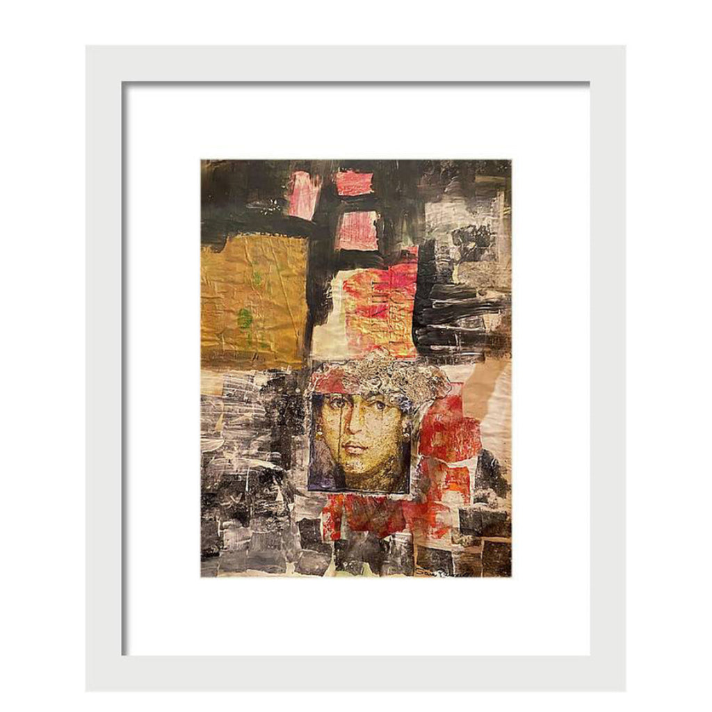 Mixed media portrait of a woman framed in stitched and painted textures, with a lace headdress and expressive eyes, surrounded by red, gold, and black tones.