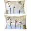 Two pillows with artistic designs of people and trees on a white background