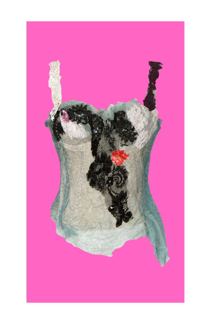 Decorative corset with floral and ribbon details on a pink background