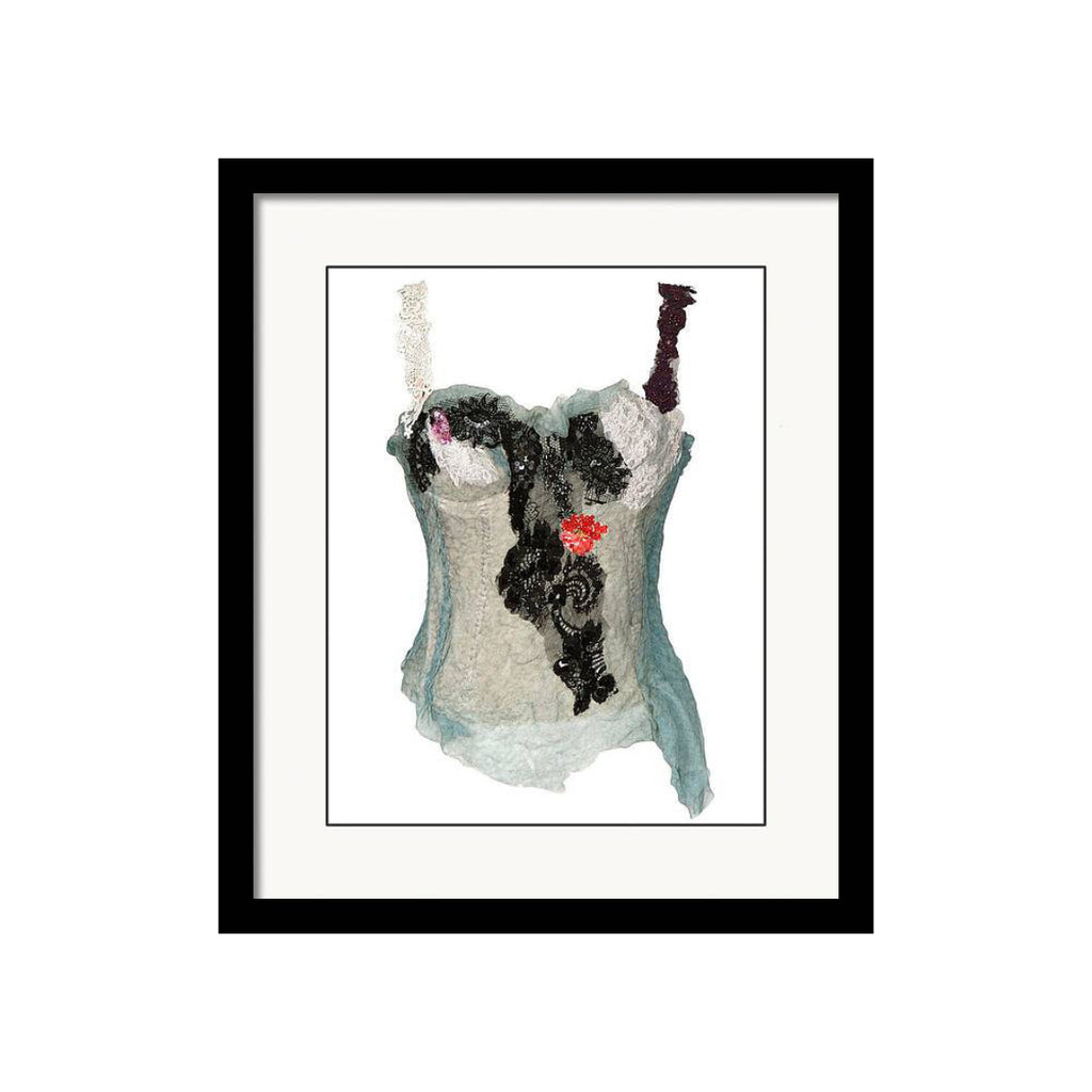 Art print of a white corset designed by Sara Palacios, featuring hand-painted textiles and detailed embellishments from her wearable art fashion line.
