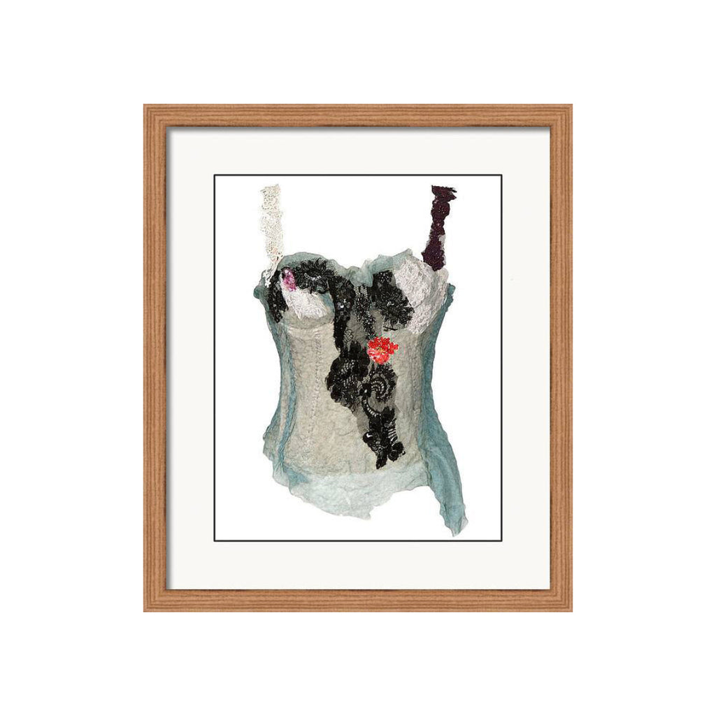 Art print of a white corset designed by Sara Palacios, featuring hand-painted textiles and detailed embellishments from her wearable art fashion line.