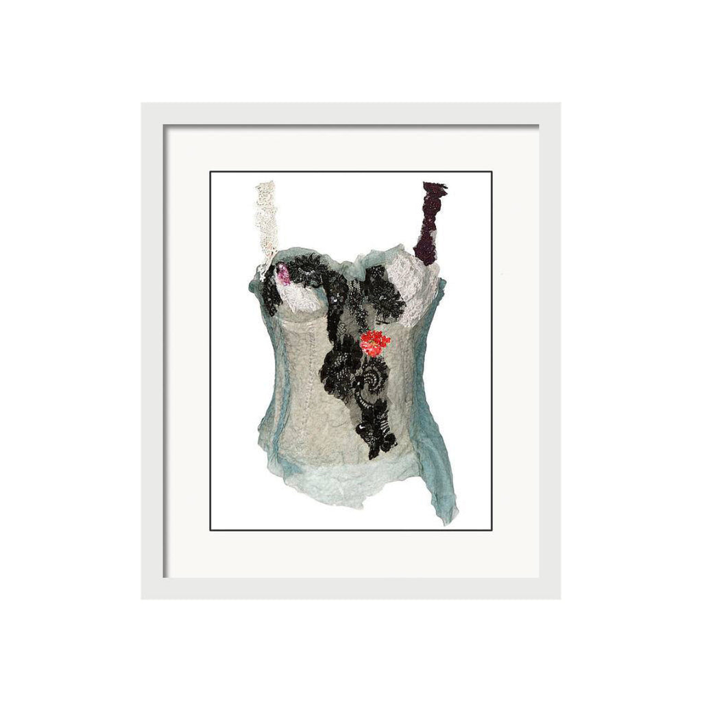 Art print of a white corset designed by Sara Palacios, featuring hand-painted textiles and detailed embellishments from her wearable art fashion line.