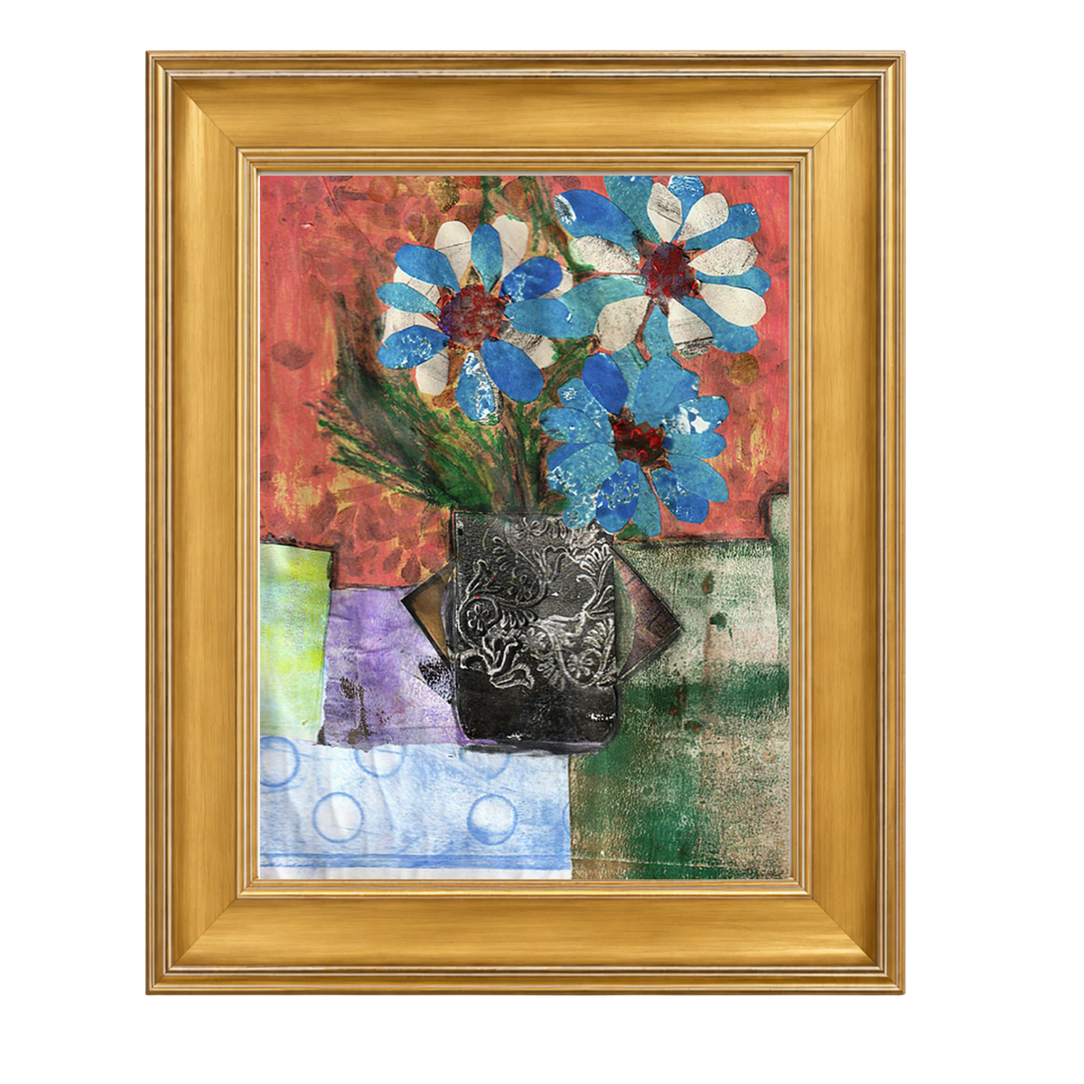 Framed mixed-media floral painting featuring blue and white flowers with red centers in a black patterned vase, set against a gold frame on a white background.