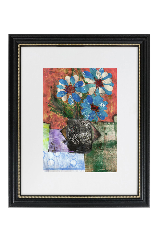 Framed artwork with flowers and a cat on a colorful background