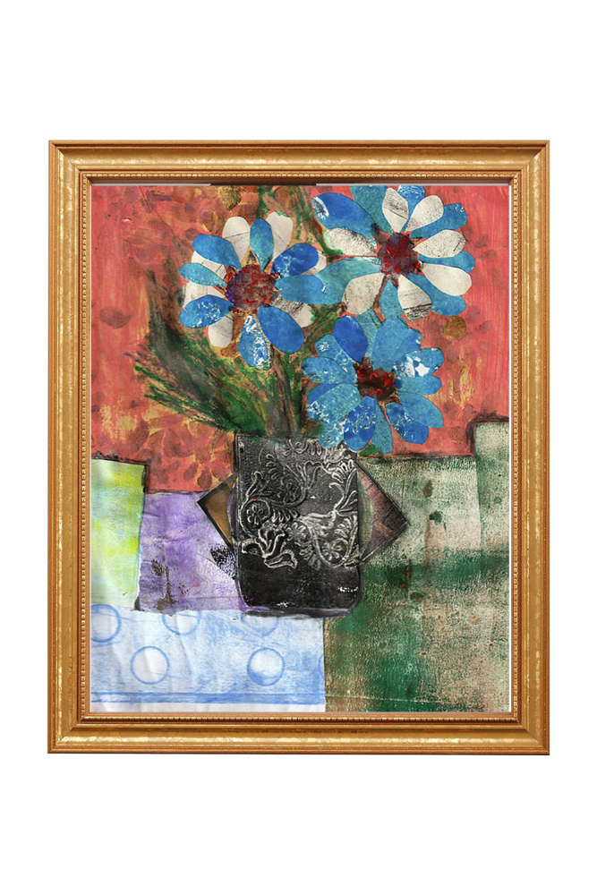 Framed artwork with flowers and a vase on a textured background