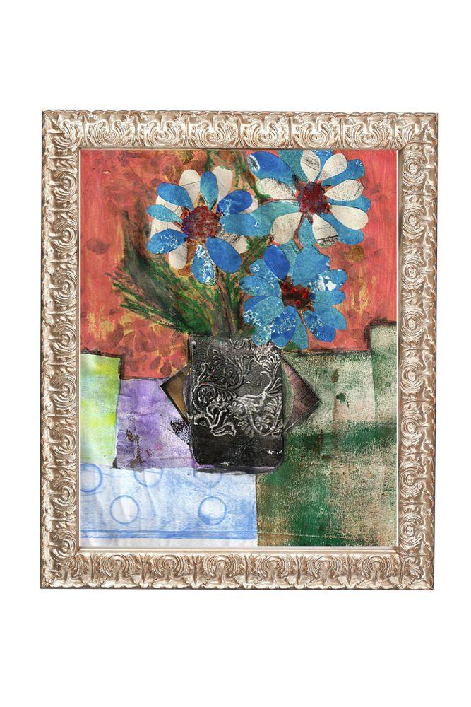 Framed artwork with blue flowers and decorative elements on a textured background