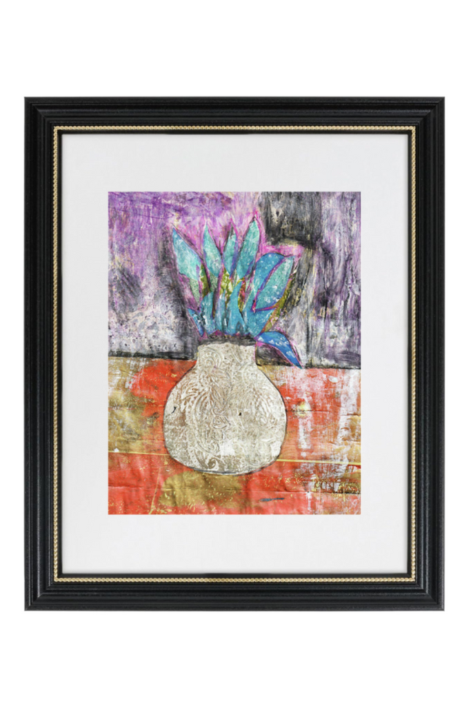 Framed abstract artwork with a vase and plant on a white background