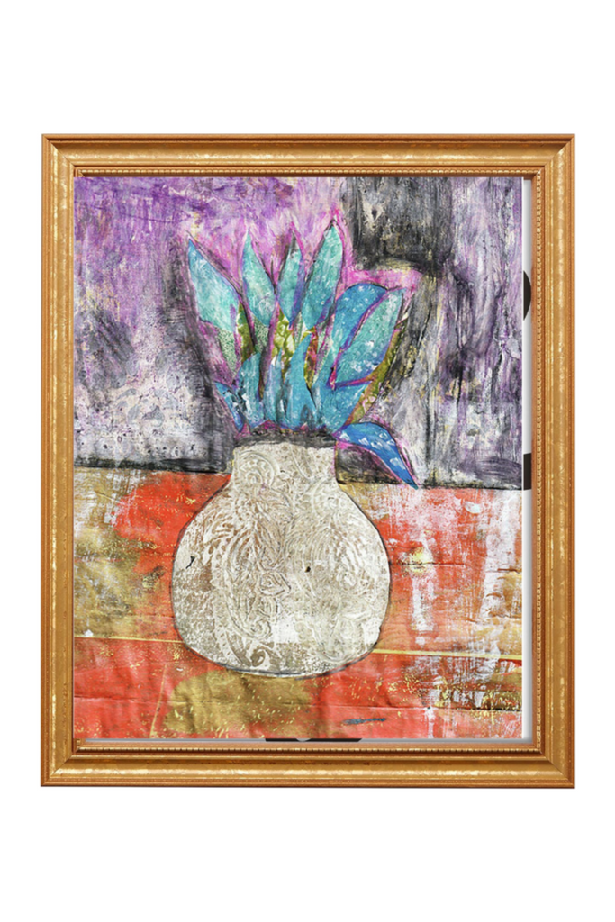 Framed abstract artwork with a vase and colorful plant-like design on a textured background.