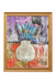 Framed abstract artwork with a vase and colorful plant-like design on a textured background.