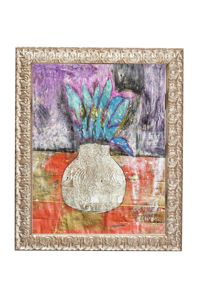 Decorative painting with a vase and abstract elements in a ornate frame.