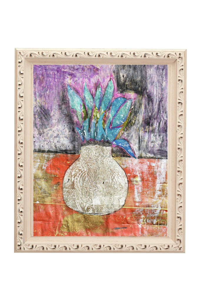 Framed abstract artwork with a vase and floral elements on a colorful background