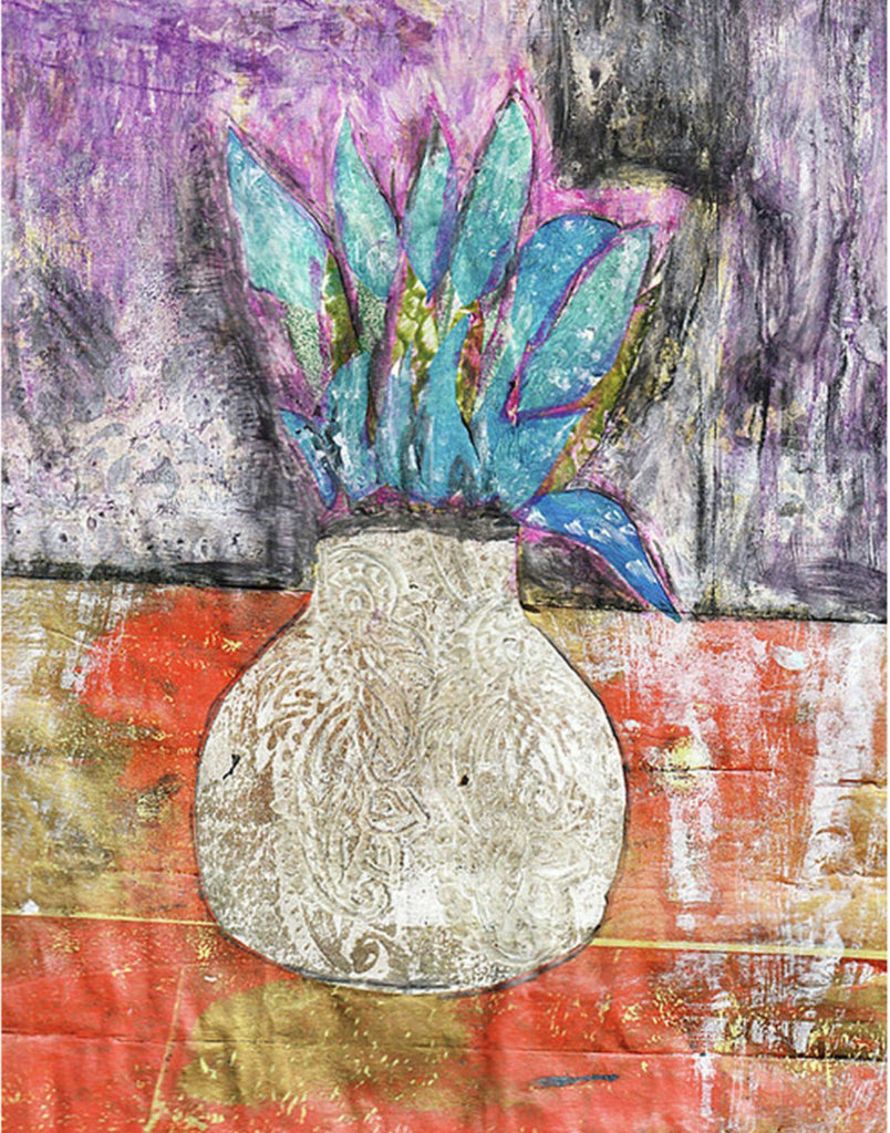 Mixed media collage titled Corn Moon by Sara Palacios. The artwork features a textured white vase with bold turquoise leaves set against a deep purple and gold background, blending rich colors and intricate patterns for a vibrant, earthy composition.