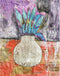 Mixed media collage titled Corn Moon by Sara Palacios. The artwork features a textured white vase with bold turquoise leaves set against a deep purple and gold background, blending rich colors and intricate patterns for a vibrant, earthy composition.